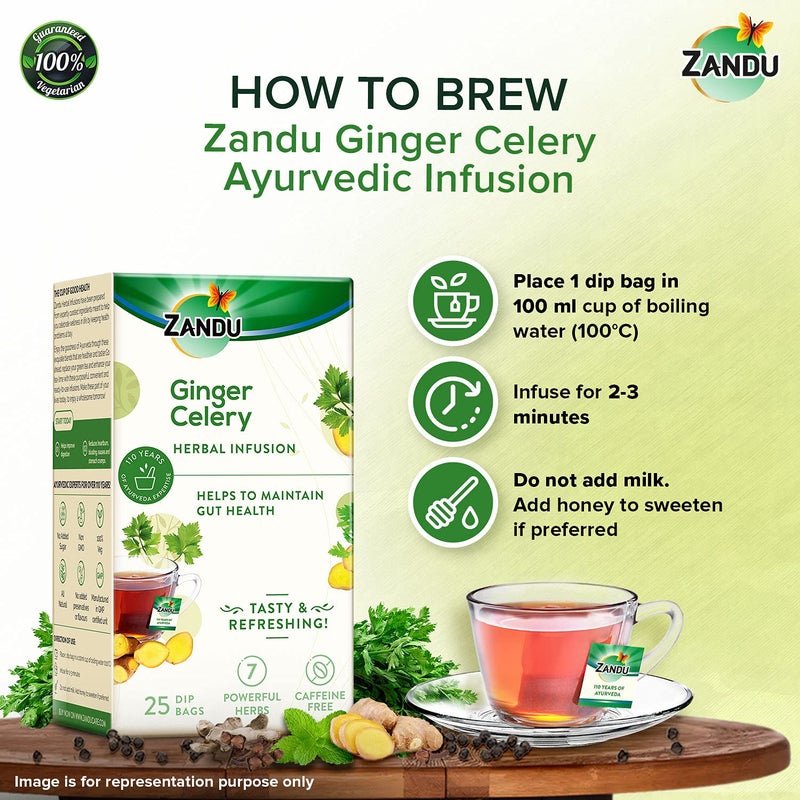 Zandu Ginger Celery Herbal Infusion, a Herbal Tea Enriched with Ayurvedic Ingredients (Pack of 25 Tea Bags X 2),37.5 grams - Image 5