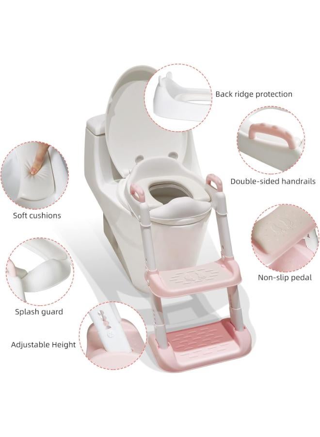 Toddler Potty Training Toilet Seat with Ladder & Handles – Pink/White - Image 2