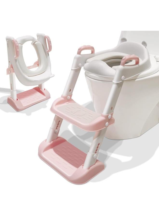Toddler Potty Training Toilet Seat with Ladder & Handles – Pink/White - Image 1