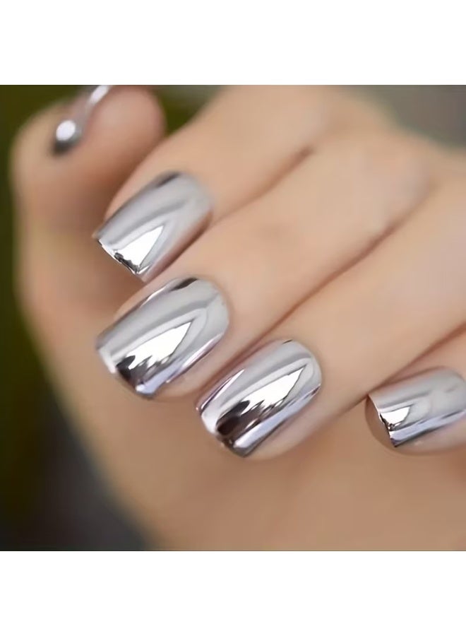 Goolsky 24 Pieces Of Shiny Punk-style Silvery Press-on Fake Nails With A Golden Metallic Finish And A Silvery Mirror Effect - Image 1