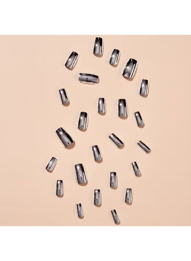 Goolsky 24 Pieces Of Shiny Punk-style Silvery Press-on Fake Nails With A Golden Metallic Finish And A Silvery Mirror Effect - Image 2