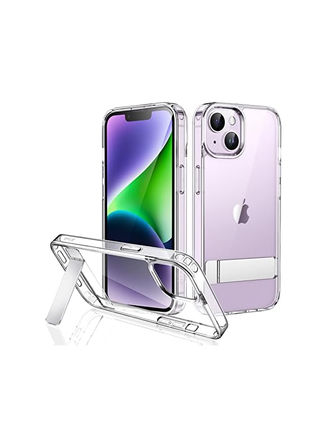 جي تيك حافظة JETech بمسند لهاتف iPhone 14 Plus مقاس 6.7 بوصة، تدعم الشحن اللاسلكي، غطاء هاتف نحيف مقاوم للصدمات، حامل معدني ثلاثي الاتجاهات (شفاف) - Image 1