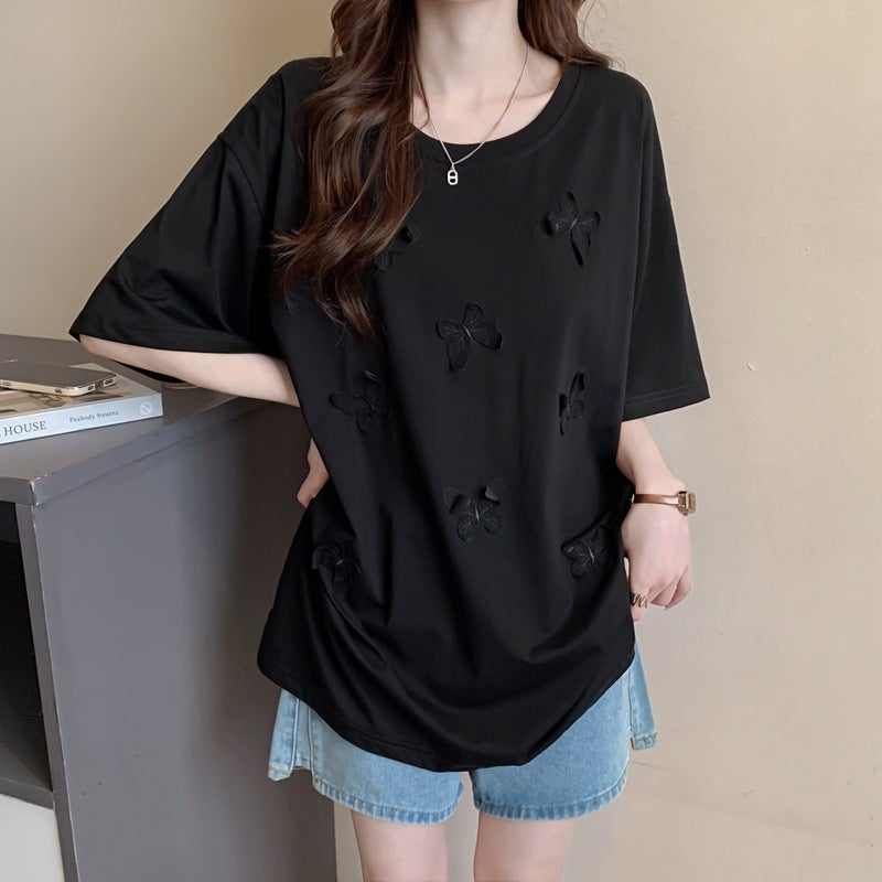 New 2025 Summer Three-Dimensional Butterfly Short-Sleeve T-Shirt For Women, Pure Cotton Embroidered Top, Round Neck, Plus Size Women'S Fashion - Image 4