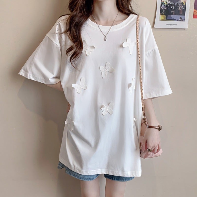 New 2025 Summer Three-Dimensional Butterfly Short-Sleeve T-Shirt For Women, Pure Cotton Embroidered Top, Round Neck, Plus Size Women'S Fashion - Image 1