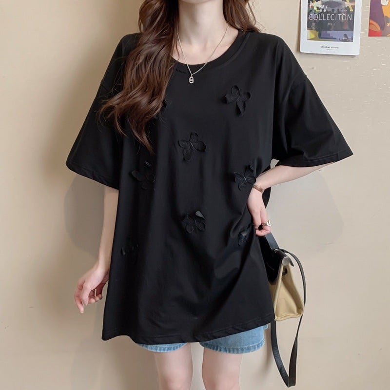 New 2025 Summer Three-Dimensional Butterfly Short-Sleeve T-Shirt For Women, Pure Cotton Embroidered Top, Round Neck, Plus Size Women'S Fashion - Image 2