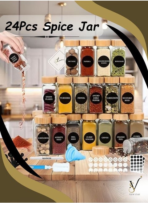 Viewstar 24 Pieces Spice Jar Container – Round Bamboo Spice Jar Set Seasoning Containers with 24 Labels & pen, Spice Bottle Funnel & Spice Shaker – Perfect Spice Organizer Set for Kitchen with Spoons