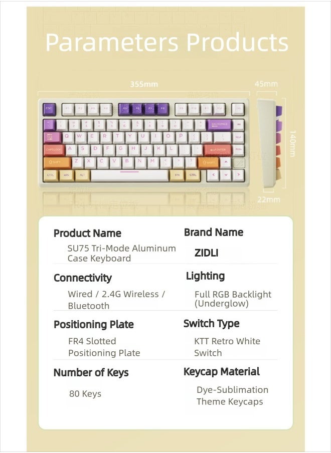 ZIDLI - ZIDLI SU-75 Mechanical Keyboard - CNC Aluminum Block (Alu Block), Triple Mode (Wired/2.4G/Bluetooth), Gasket Structure for Tactile Feedback, 75% Hot-Swap PBT Keycaps with KTT Switches, 16M RGB, 6000mAh Battery - Image 1