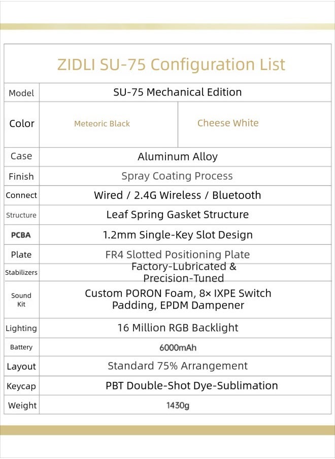 ZIDLI - ZIDLI SU-75 Mechanical Keyboard - CNC Aluminum Block (Alu Block), Triple Mode (Wired/2.4G/Bluetooth), Gasket Structure for Tactile Feedback, 75% Hot-Swap PBT Keycaps with KTT Switches, 16M RGB, 6000mAh Battery - Image 1