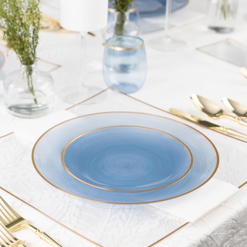 PLASTICPRO 32 Pieces Crystal Design Plastic Plates Combo Pack 7 inch and 10 inch Gold Rim Elegant Disposable Plates, Transparent Blue - Image 2