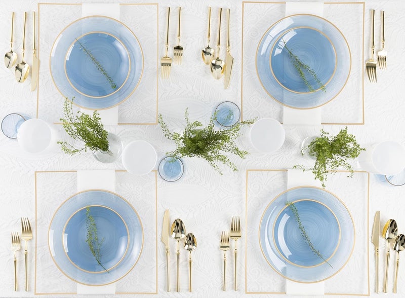 PLASTICPRO 32 Pieces Crystal Design Plastic Plates Combo Pack 7 inch and 10 inch Gold Rim Elegant Disposable Plates, Transparent Blue - Image 4