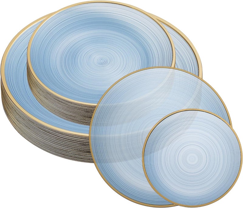 PLASTICPRO 32 Pieces Crystal Design Plastic Plates Combo Pack 7 inch and 10 inch Gold Rim Elegant Disposable Plates, Transparent Blue - Image 1