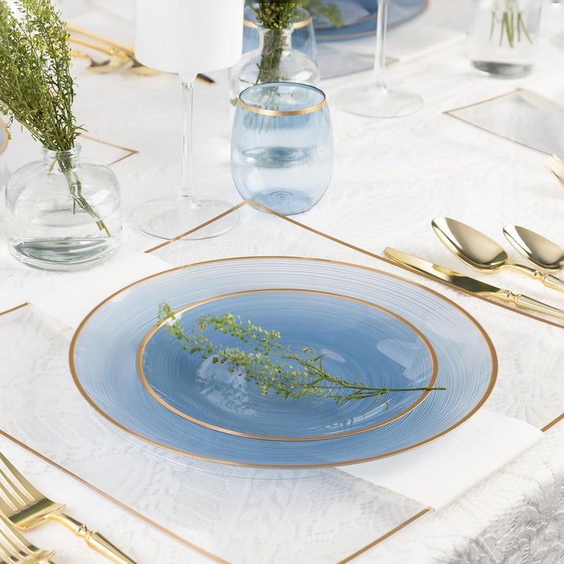 PLASTICPRO 32 Pieces Crystal Design Plastic Plates Combo Pack 7 inch and 10 inch Gold Rim Elegant Disposable Plates, Transparent Blue - Image 3
