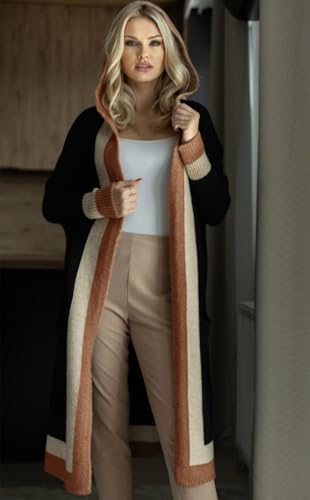 chouyatou Women's Color Block Vertical Striped Open Front Oversized Hooded Long Cardigan Sweaters with Pockets (Large, Black) - Image 3