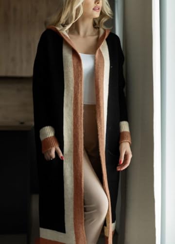chouyatou Women's Color Block Vertical Striped Open Front Oversized Hooded Long Cardigan Sweaters with Pockets (Large, Black) - Image 2
