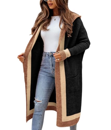 chouyatou Women's Color Block Vertical Striped Open Front Oversized Hooded Long Cardigan Sweaters with Pockets (Large, Black) - Image 1