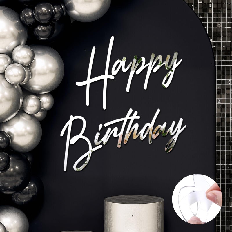 Yousoontic 23 x 20 Inches Happy Birthday Sign for Backdrop Large Happy Birthday Sticker Acrylic Mirror Decal Letter Sticker for Balloon Arch Party Sign Wall Decor, Peel Off The Acrylic Film (Silver) - Image 1