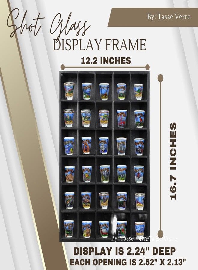 Tasse Verre 30 Shot Glass Shelf Display Case (1-Pack) - Large Wooden Collectibles Rack - Wall Mounted Black Bar Shadow Box Minifigure Storage, 16.7x12.2” - Image 3