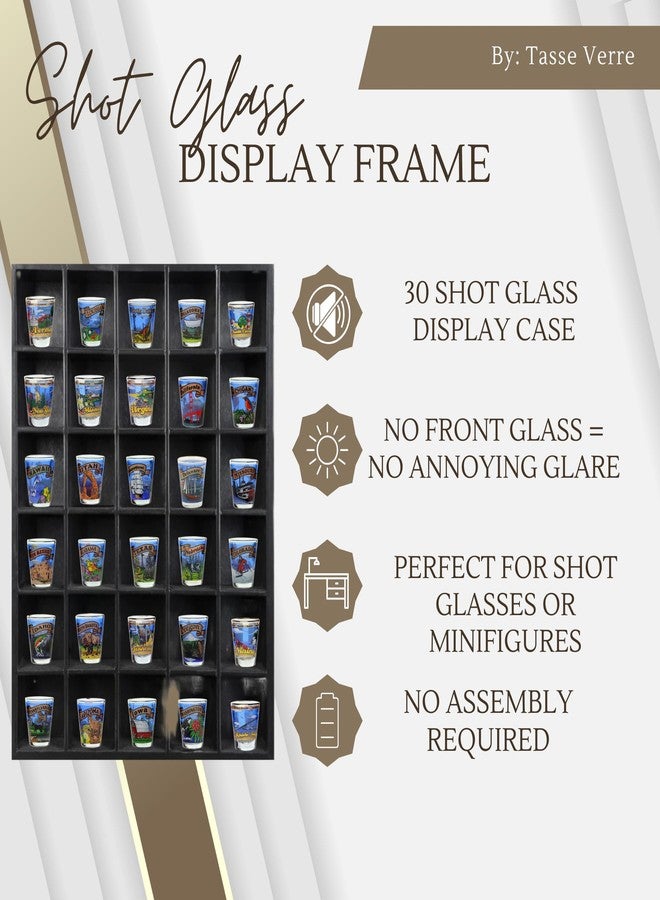 Tasse Verre 30 Shot Glass Shelf Display Case (1-Pack) - Large Wooden Collectibles Rack - Wall Mounted Black Bar Shadow Box Minifigure Storage, 16.7x12.2” - Image 2