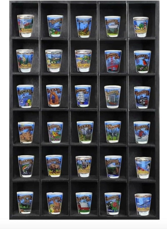 Tasse Verre 30 Shot Glass Shelf Display Case (1-Pack) - Large Wooden Collectibles Rack - Wall Mounted Black Bar Shadow Box Minifigure Storage, 16.7x12.2” - Image 1