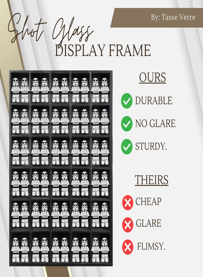 Tasse Verre 30 Shot Glass Shelf Display Case (1-Pack) - Large Wooden Collectibles Rack - Wall Mounted Black Bar Shadow Box Minifigure Storage, 16.7x12.2” - Image 4