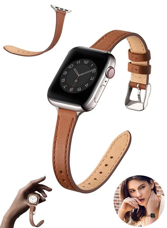 Slim Leather Bands Compatible with Apple Watch Band 38mm 40mm 41mm, Top Grain Leather Watch Thin Wristband for iWatch Ultra SE Series 9/ 8/ 7/ 6/ 5/ 4/ 3/ 2/ 1 - Image 1