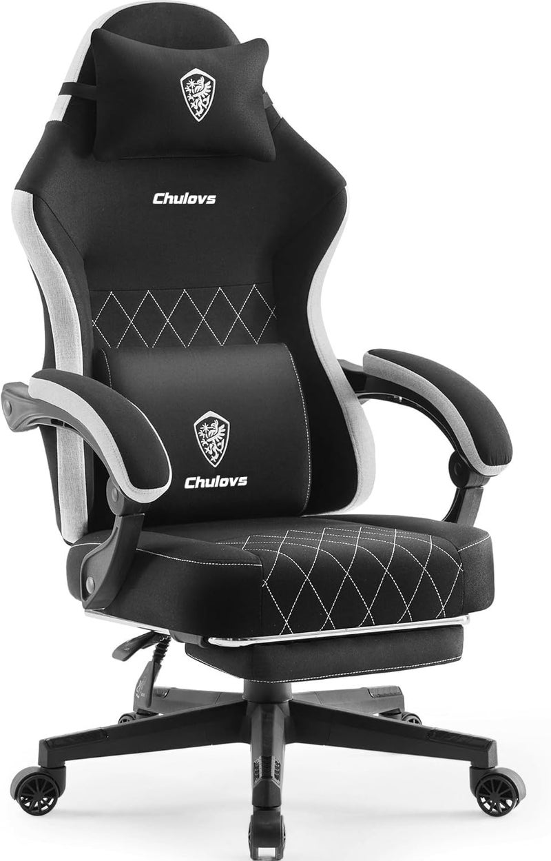 Trendy versatile build Chulovs Gaming chair Fabric with Spring Cushion, High Back Ergonomic Computer Chair with Footrest for Adults, Lumbar Support Swivel Game Chair for Office Gaming (Black) Balanced weight - Image 1