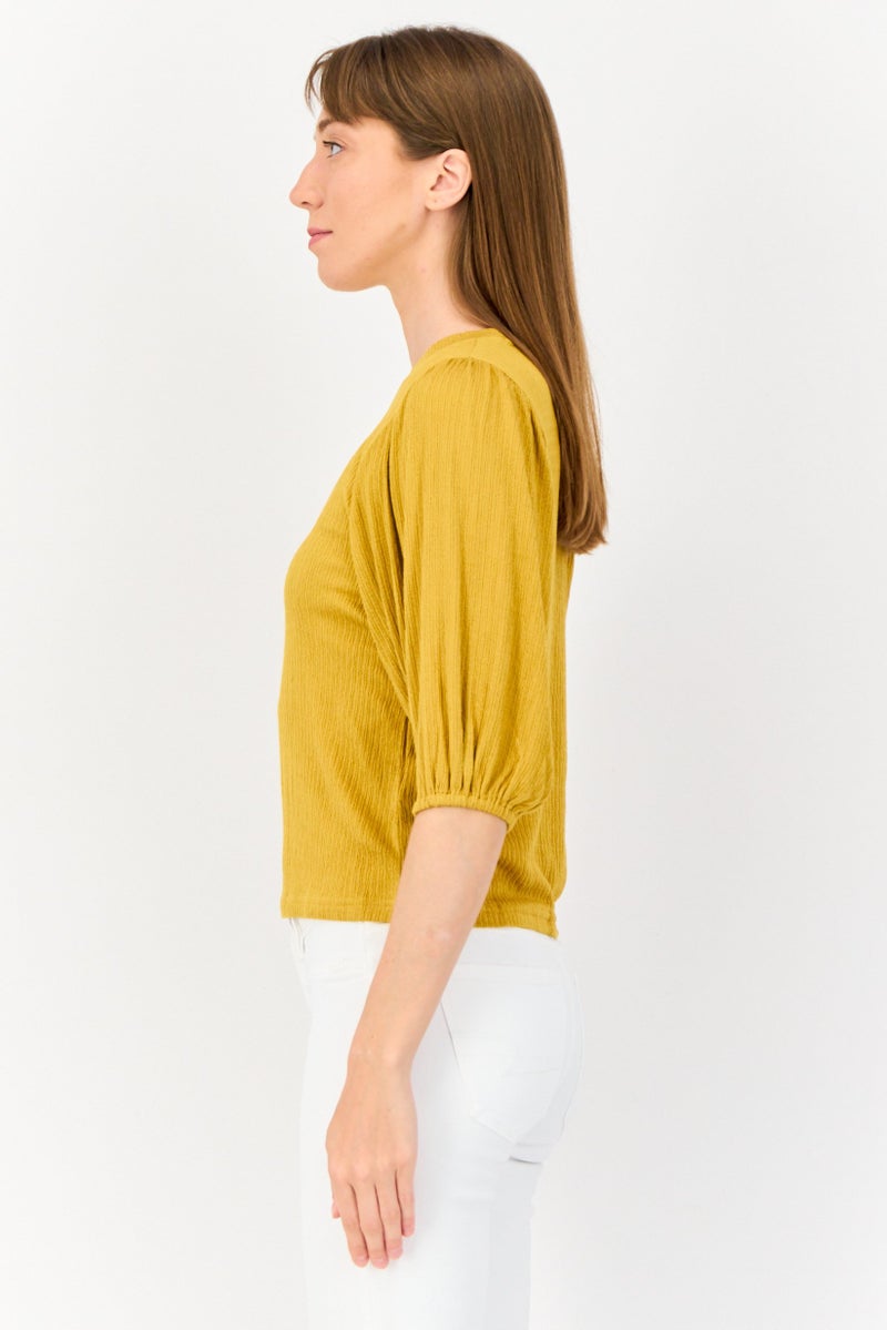 ONLY Women Crew Neck Short Sleeves Solid Top, Mustard  - Image 2