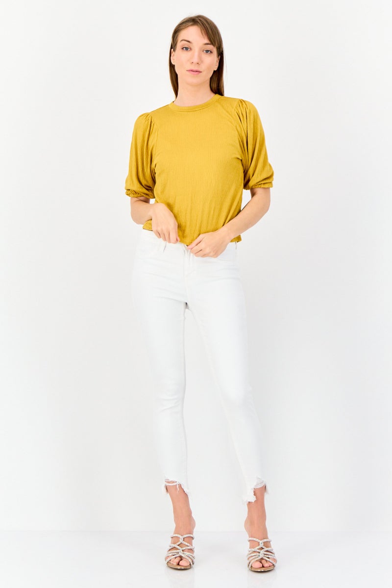 ONLY Women Crew Neck Short Sleeves Solid Top, Mustard  - Image 4