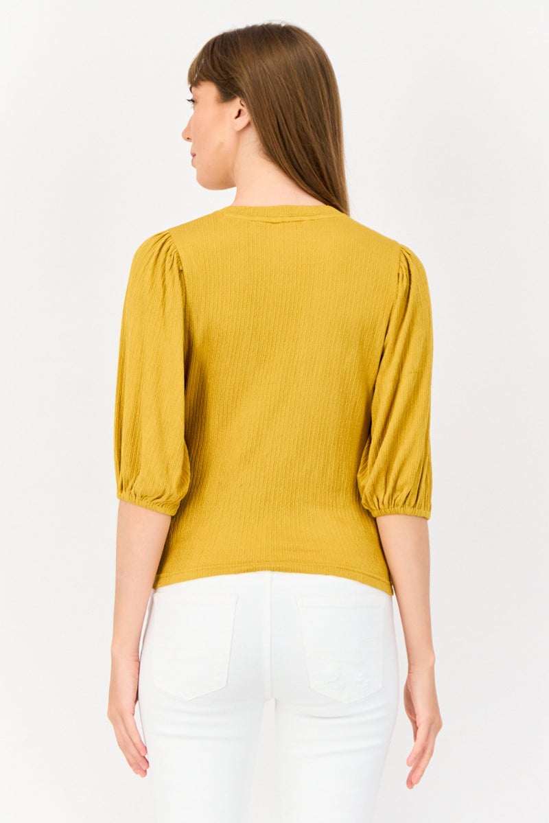 ONLY Women Crew Neck Short Sleeves Solid Top, Mustard  - Image 3