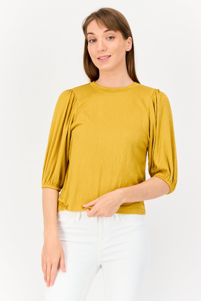 ONLY Women Crew Neck Short Sleeves Solid Top, Mustard  - Image 1