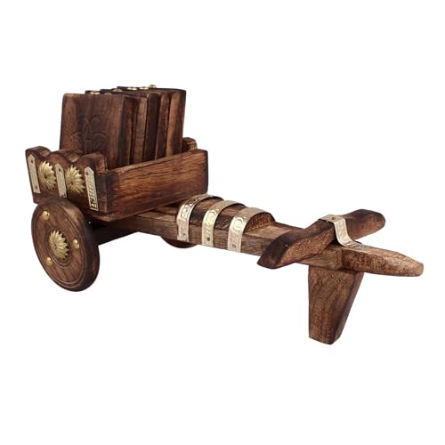 ANSHEZ Handcrafted Decorative Bullock Cart Shaped Wooden Coaster Set of 6 | Wooden Coaster for Dining Table & Office Desk | Baggi Coaster | Tea Coffee Coaster Set - Image 1