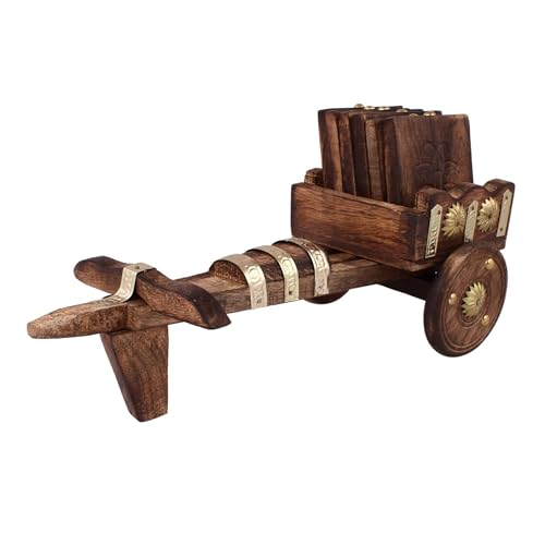 ANSHEZ Handcrafted Decorative Bullock Cart Shaped Wooden Coaster Set of 6 | Wooden Coaster for Dining Table & Office Desk | Baggi Coaster | Tea Coffee Coaster Set - Image 5