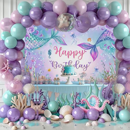 Mocsicka 7x5ft Mermaid Birthday Backdrop Under The Sea Birthday Party Decoration for Girl Blue Purple Mermaid Tails Photography Background (7x5ft(82x60 inch)) - Image 3