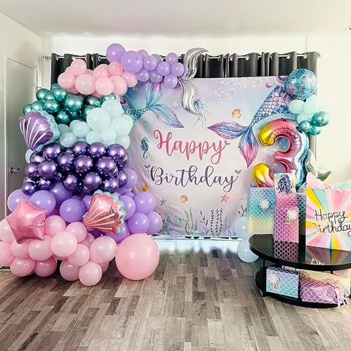 Mocsicka 7x5ft Mermaid Birthday Backdrop Under The Sea Birthday Party Decoration for Girl Blue Purple Mermaid Tails Photography Background (7x5ft(82x60 inch)) - Image 5
