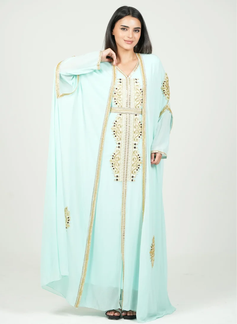 AL BENT AL SHARQIEH turquoise embroidered kaftan dress jalabia for Women | Best Price UAE