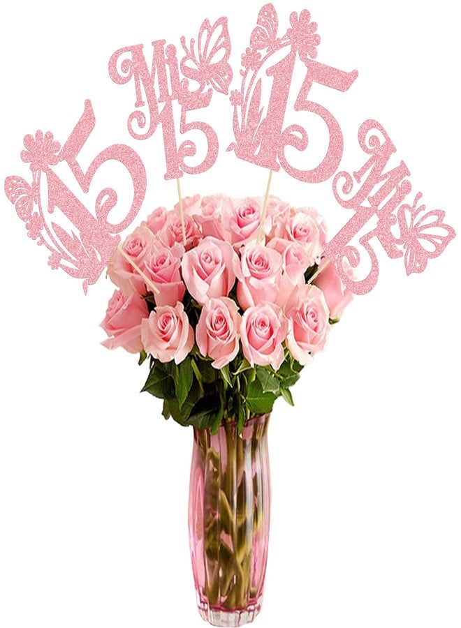 Ephlyn 12Pcs Happy 15th Birthday Centerpiece Sticks Hello 15 Sweet 15 Table Flower Centerpieces Sticks Fifteen Mis 15 Quince Floral Decorations for Cheers to 15 Theme Anniversary Party Supplies Pink - Image 1