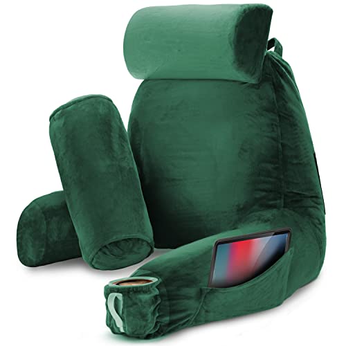 Nestl Reading Pillow with Shredded Memory Foam Includes 2 Neck and Lumber Support Pillows Designed for Sitting Up in Bed and Couch Back and Arms Adjustable Support for Adult  Teens Dark Green
