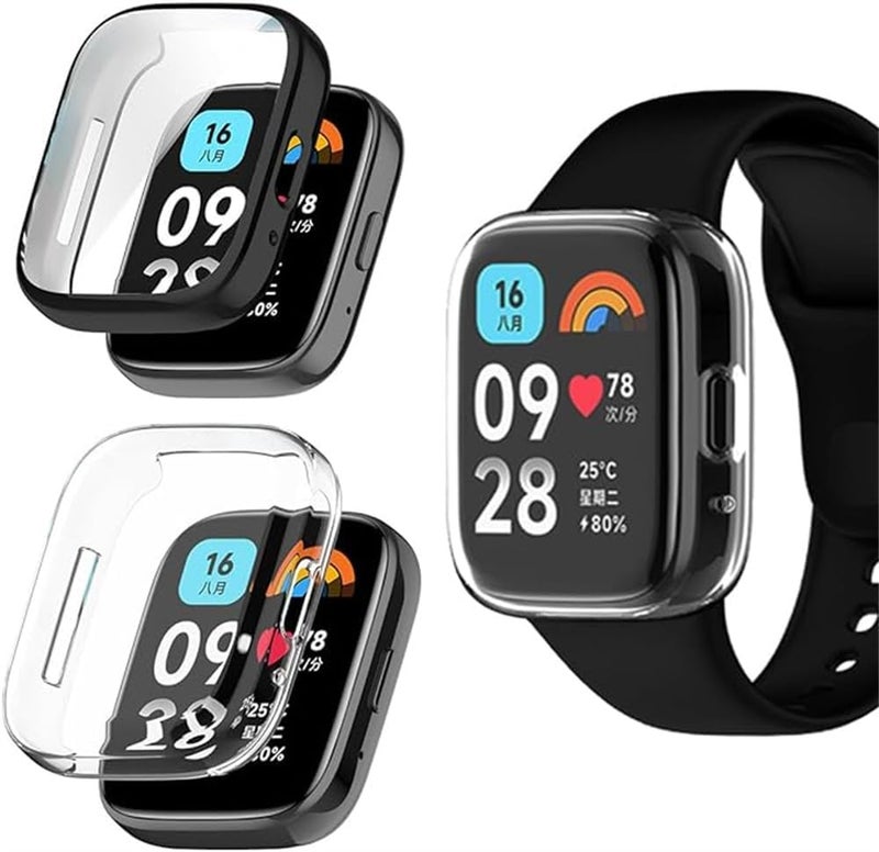 Khazna Xiaomi Redmi Watch 3/3 Active 2 Pack Full Coverage Tempered Glass TPU Protective Case, Black + Transparent - Image 2