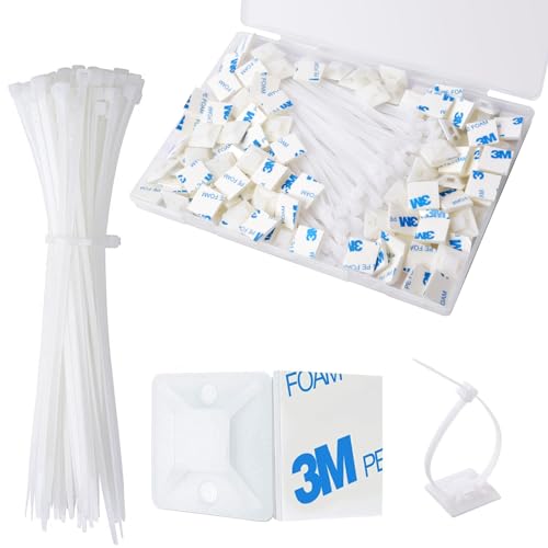 CZXNBI Strong Back-Glue Self Adhesive Cable Zip Tie Mounts Kit - 50 Set Cable Management Clips with 6" Zip Ties, Wire Holders - Outdoor Sticky Wire Organizer Clips-White - Image 1