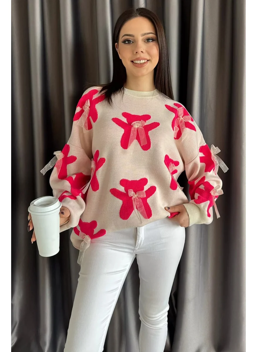 Gülseli Rose Bear Patterned Ribboned Crew Neck Women's Knitwear Sweater