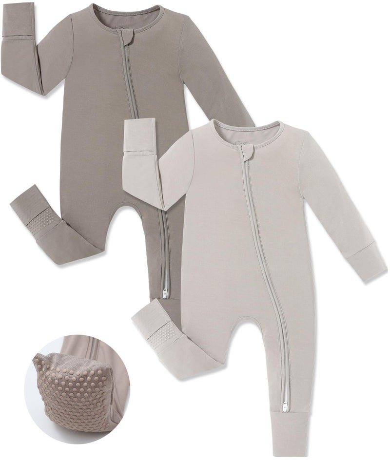 JunNeng Viscose from Bamboo Sleeper with Mittens, 2 Way Zipper Baby Boy Pajamas, Non Slip Sleep'N Play Romper Brown+Grey 3-6 Months - Image 1