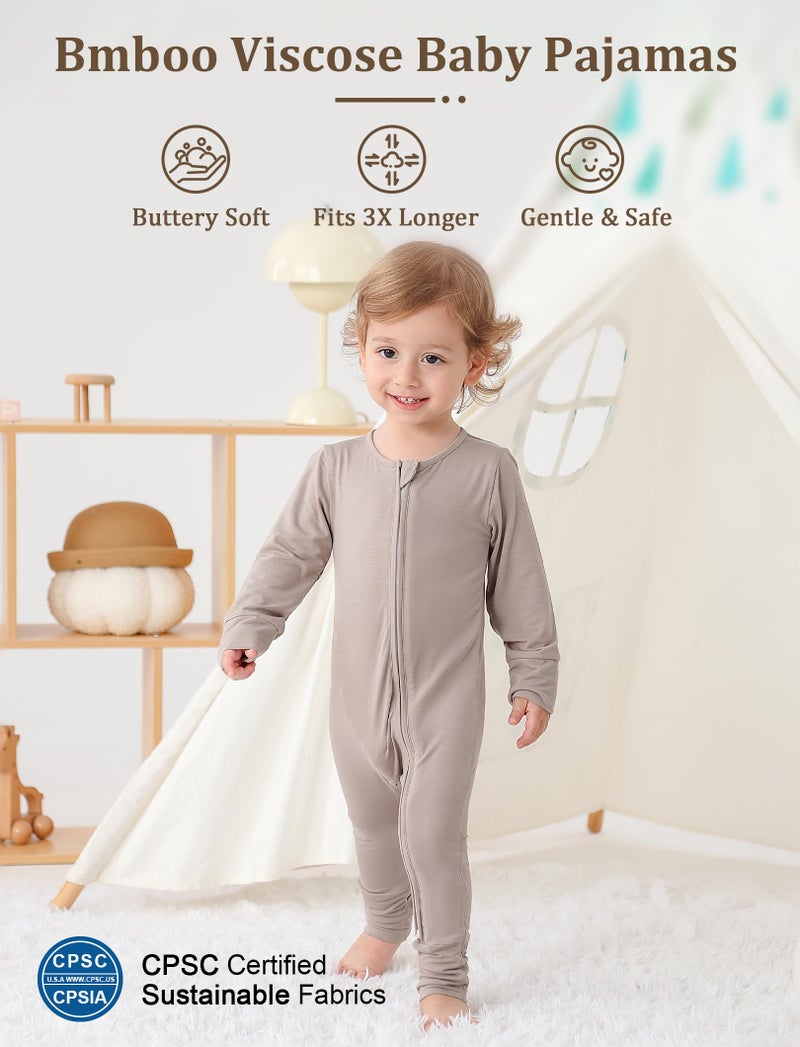 JunNeng Viscose from Bamboo Sleeper with Mittens, 2 Way Zipper Baby Boy Pajamas, Non Slip Sleep'N Play Romper Brown+Grey 3-6 Months - Image 2