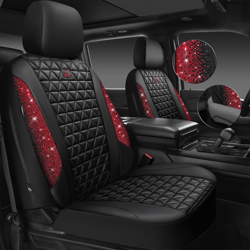 CAR PASS Bling Diamond Black Red Leather Car Seat Covers Full Set, Waterproof Shining Glitter Sparkly Crystal Universal Armrest Fit Automotive Truck SUV Women Girl, Rhinestone Interior Cover Set, Red - Image 2