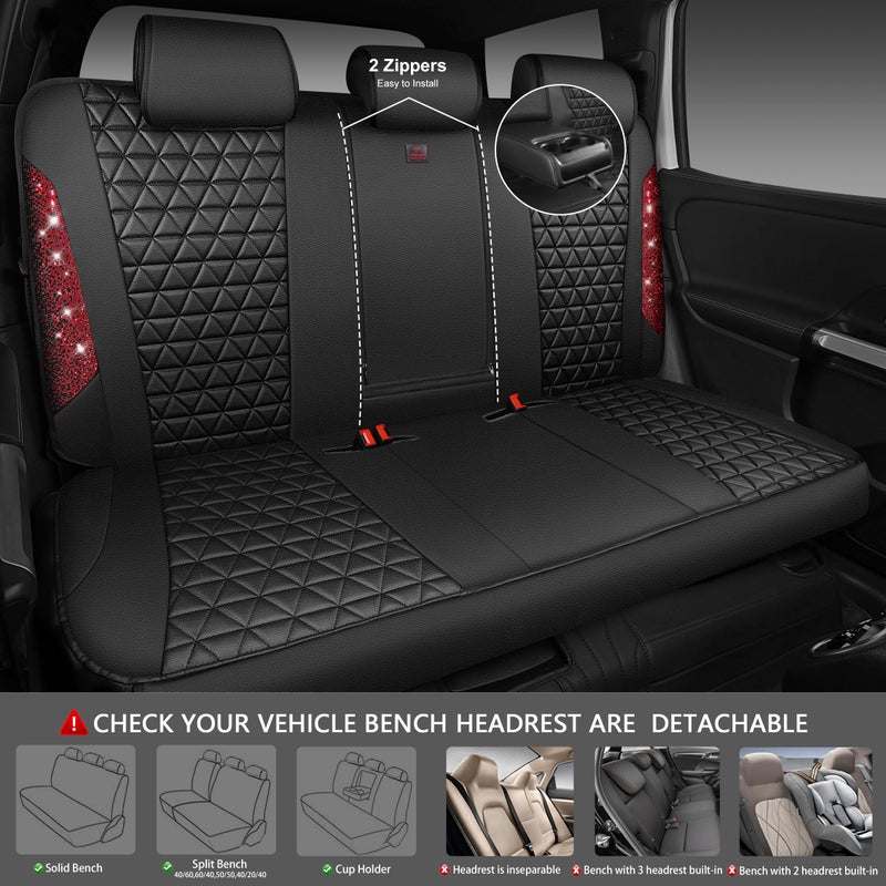 CAR PASS Bling Diamond Black Red Leather Car Seat Covers Full Set, Waterproof Shining Glitter Sparkly Crystal Universal Armrest Fit Automotive Truck SUV Women Girl, Rhinestone Interior Cover Set, Red - Image 4