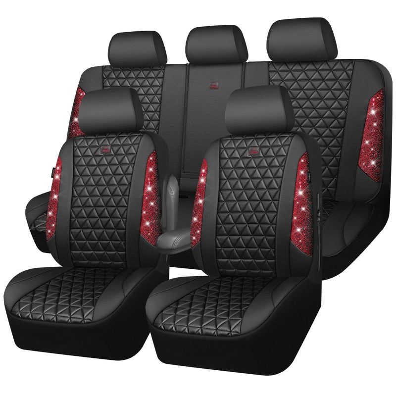 CAR PASS Bling Diamond Black Red Leather Car Seat Covers Full Set, Waterproof Shining Glitter Sparkly Crystal Universal Armrest Fit Automotive Truck SUV Women Girl, Rhinestone Interior Cover Set, Red - Image 1