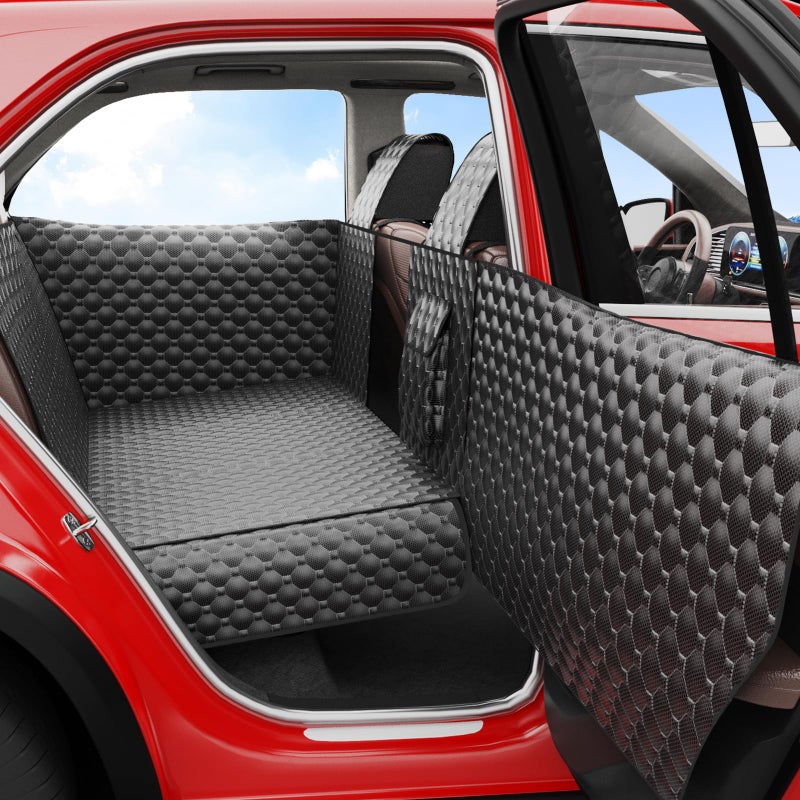 DIAMOOKY Dog Car Seat Cover for Back Seat, Waterproof Back Seat Extender for Dogs w/Door & Headrest Protector, Hard Bottom Pet Bed Hammock Holds 420lbs, for Cars SUVs Small Trucks(Not for 3-row seats) - Image 1