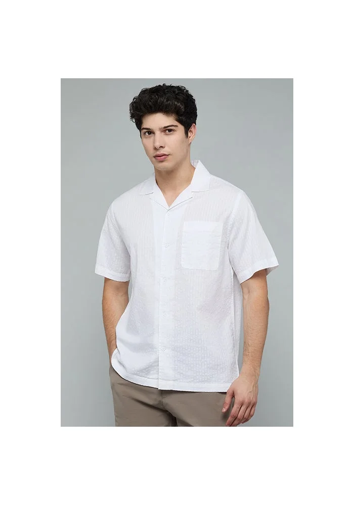 أر أند بي Striped Shirt with Revere Collar and Short Sleeves
