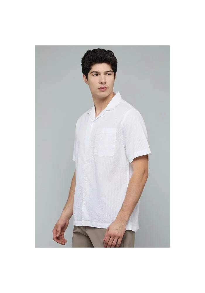 أر أند بي Striped Shirt with Revere Collar and Short Sleeves