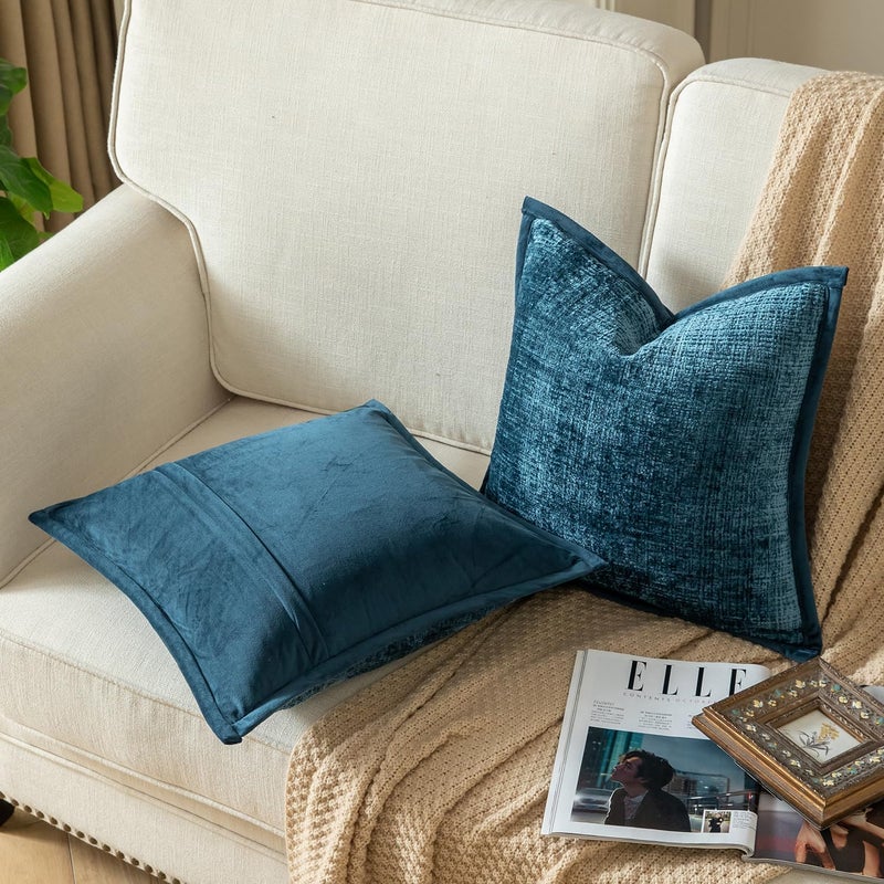 Yaertun Pack of 2 Chenille Textured Decorative Throw Pillow Covers Accent Solid Cushion Cover Soft Cozy Pillow Case with Velvet Back for Couch Sofa Bed Living Room 22x22 Inch Blue - Image 2