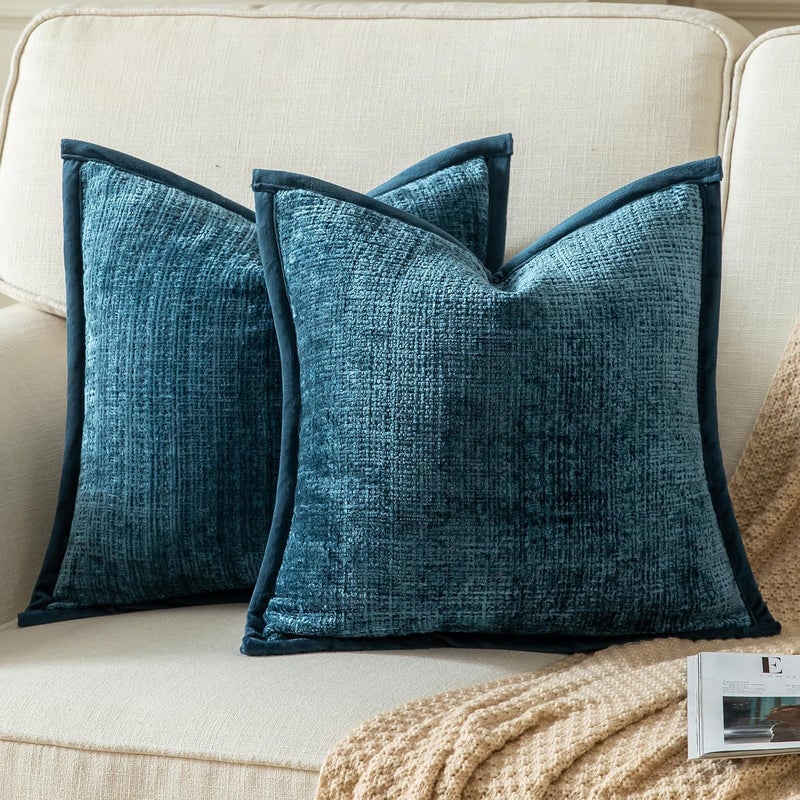 Yaertun Pack of 2 Chenille Textured Decorative Throw Pillow Covers Accent Solid Cushion Cover Soft Cozy Pillow Case with Velvet Back for Couch Sofa Bed Living Room 22x22 Inch Blue - Image 1